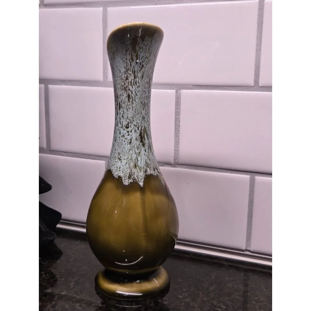 Vintage USA Drip Glaze Pottery Ewer Vase Olive Green Aqua MCM 9” Pitcher